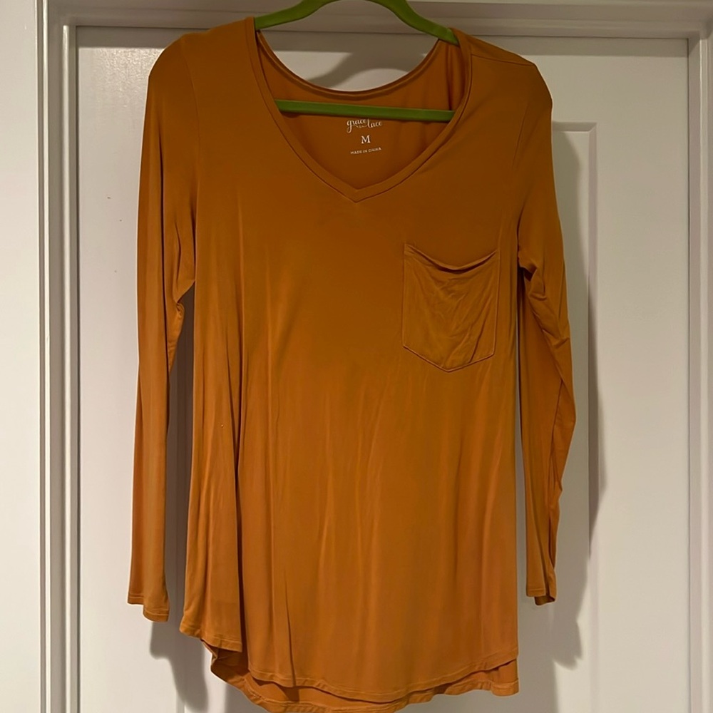 Grace and lace medium, long sleeve pocket t, gold color